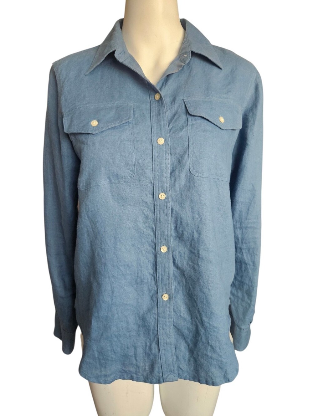 Lauren Ralph Lauren Womens Blue Linen Button‎ Up Sz PM Coastal Preppy Old Summer